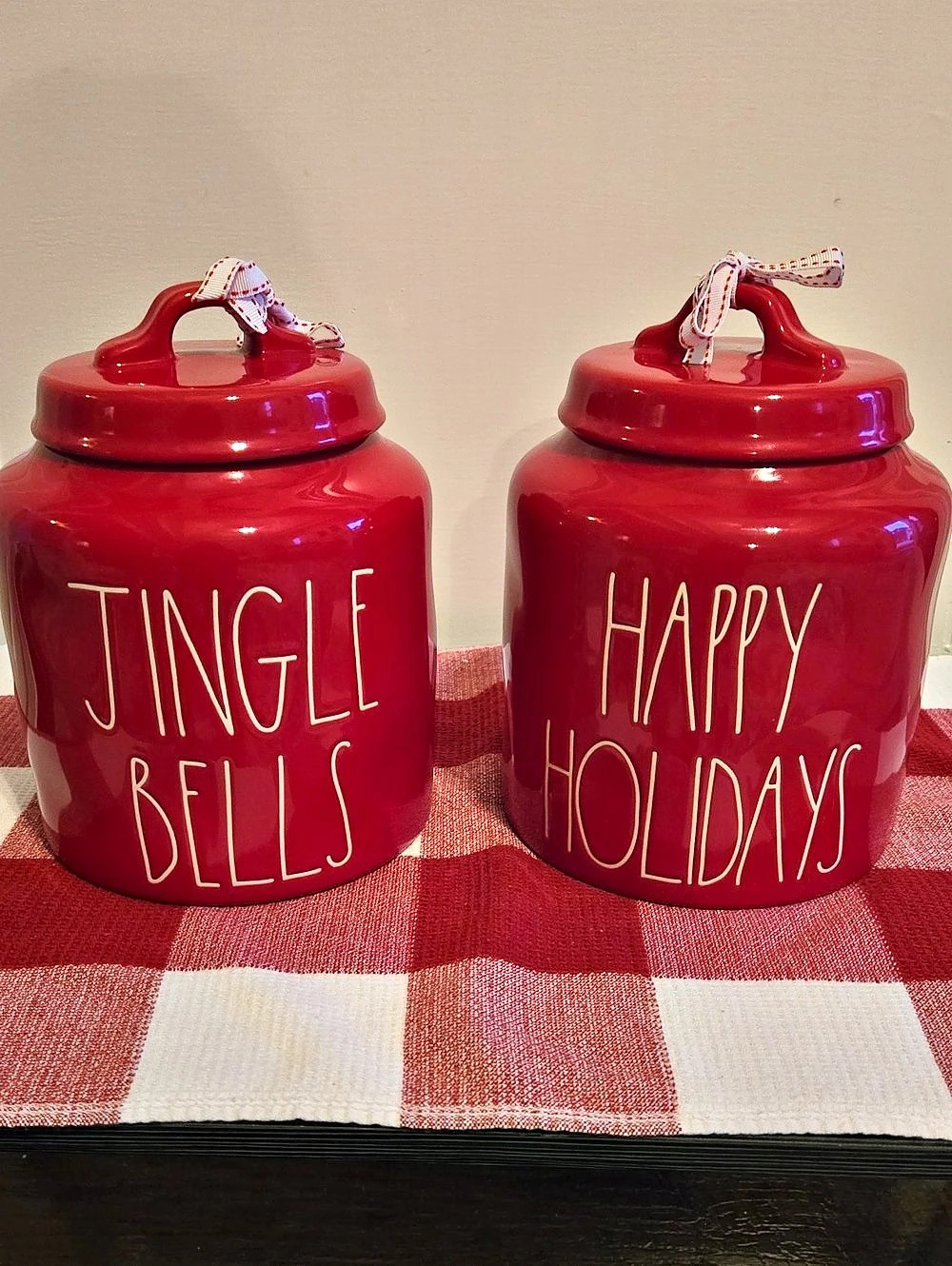 Rae Dunn Jingle Bells & Happy Holidays canister set Red
